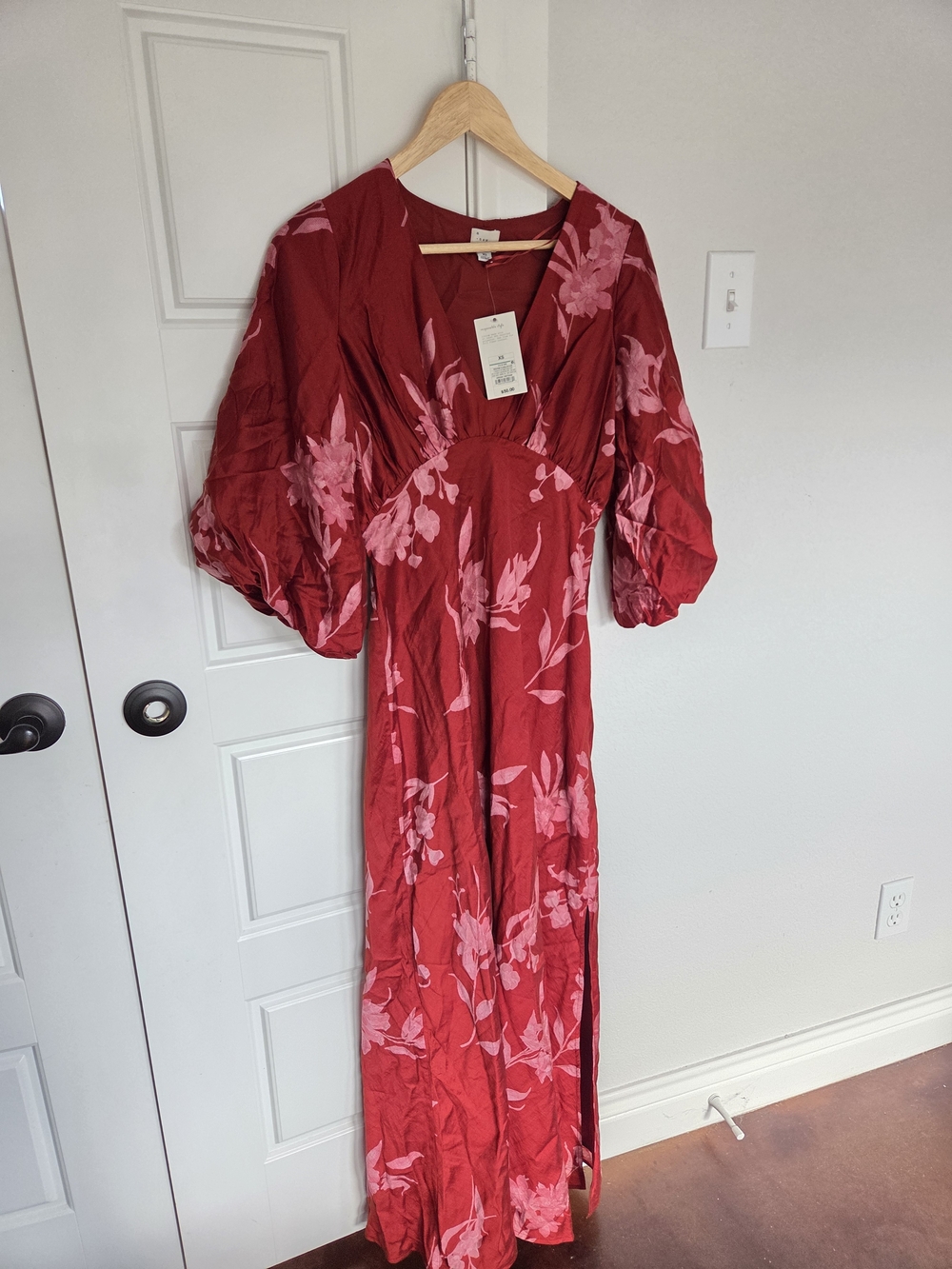 Red Floral Maxi Dress with Puff Sleeves - NEW WITH TAGS